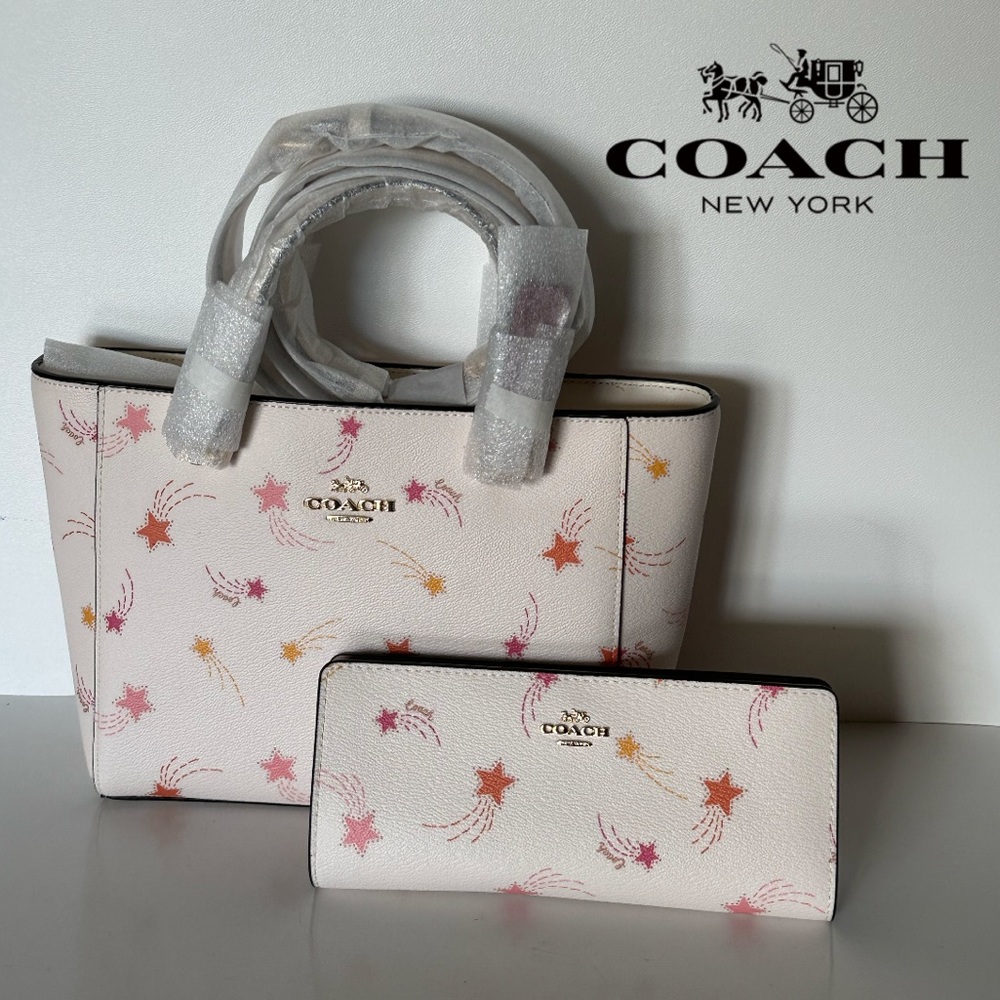 NWT Coach Alice Satchel Shooting Star Print Wallet Matching Set Sky Leather Purs